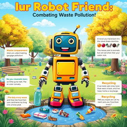 A colorful educational poster illustrating a friendly robot designed to help combat garbage pollution