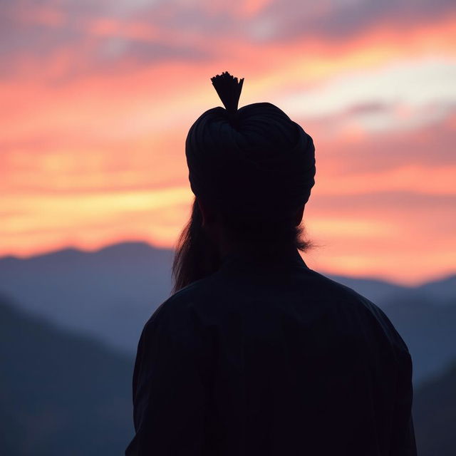 A back view of a prominent male figure, featuring a man with a distinctive turban and beard, symbolizing authority