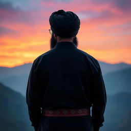 A back view of a prominent male figure, featuring a man with a distinctive turban and beard, symbolizing authority