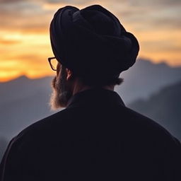 A back view of a prominent male figure, featuring a man with a distinctive turban and beard, symbolizing authority