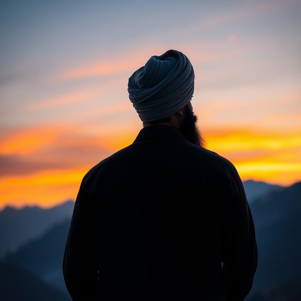 A back view of a prominent male figure, featuring a man with a distinctive turban and beard, symbolizing authority