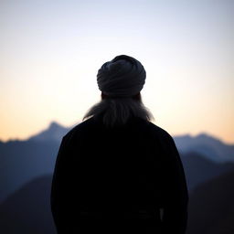 A back view of a significant male figure, depicting a man with a notable turban and beard, representing authority and respect