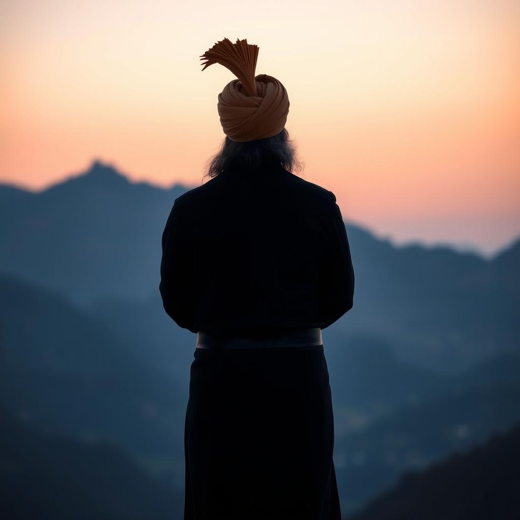 A back view of a significant male figure, depicting a man with a notable turban and beard, representing authority and respect
