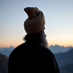 A back view of a significant male figure, depicting a man with a notable turban and beard, representing authority and respect