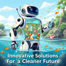 A creative poster illustration of a futuristic robot designed to combat water pollution and manage garbage in water bodies