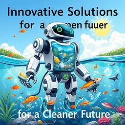 A creative poster illustration of a futuristic robot designed to combat water pollution and manage garbage in water bodies