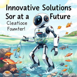 A creative poster illustration of a futuristic robot designed to combat water pollution and manage garbage in water bodies