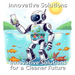 A creative poster illustration of a futuristic robot designed to combat water pollution and manage garbage in water bodies