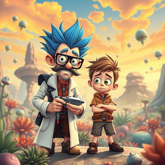 A colorful and whimsical scene featuring two main characters inspired by a cartoon universe: a mad scientist with spiky blue hair wearing a lab coat and glasses, alongside his anxious but adventurous grandson with short brown hair and a simple outfit