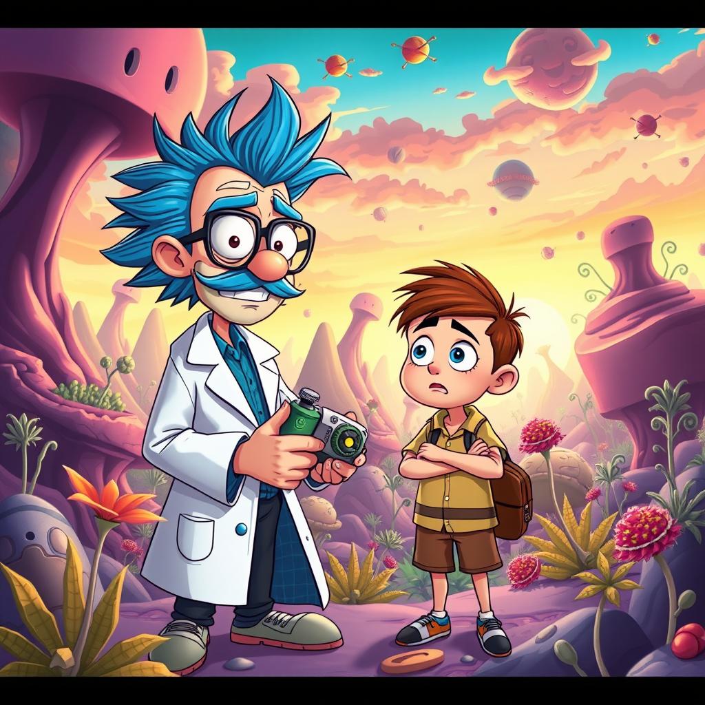 A colorful and whimsical scene featuring two main characters inspired by a cartoon universe: a mad scientist with spiky blue hair wearing a lab coat and glasses, alongside his anxious but adventurous grandson with short brown hair and a simple outfit