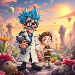 A colorful and whimsical scene featuring two main characters inspired by a cartoon universe: a mad scientist with spiky blue hair wearing a lab coat and glasses, alongside his anxious but adventurous grandson with short brown hair and a simple outfit