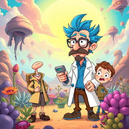 A colorful and whimsical scene featuring two main characters inspired by a cartoon universe: a mad scientist with spiky blue hair wearing a lab coat and glasses, alongside his anxious but adventurous grandson with short brown hair and a simple outfit