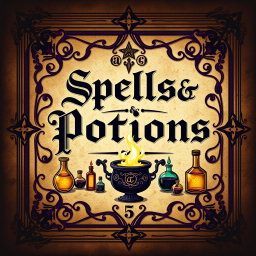 A vintage spellbook cover design featuring the title 'Spells & Potions' in ornate, gothic lettering