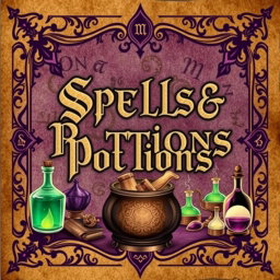 A vintage spellbook cover design featuring the title 'Spells & Potions' in ornate, gothic lettering