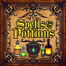 A vintage spellbook cover design featuring the title 'Spells & Potions' in ornate, gothic lettering