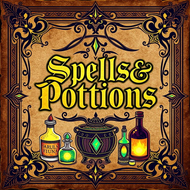 A vintage spellbook cover design featuring the title 'Spells & Potions' in ornate, gothic lettering