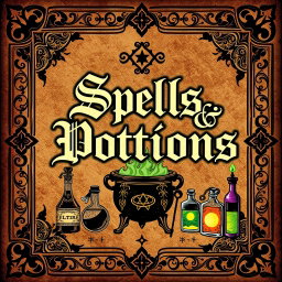 A vintage spellbook cover design featuring the title 'Spells & Potions' in ornate, gothic lettering