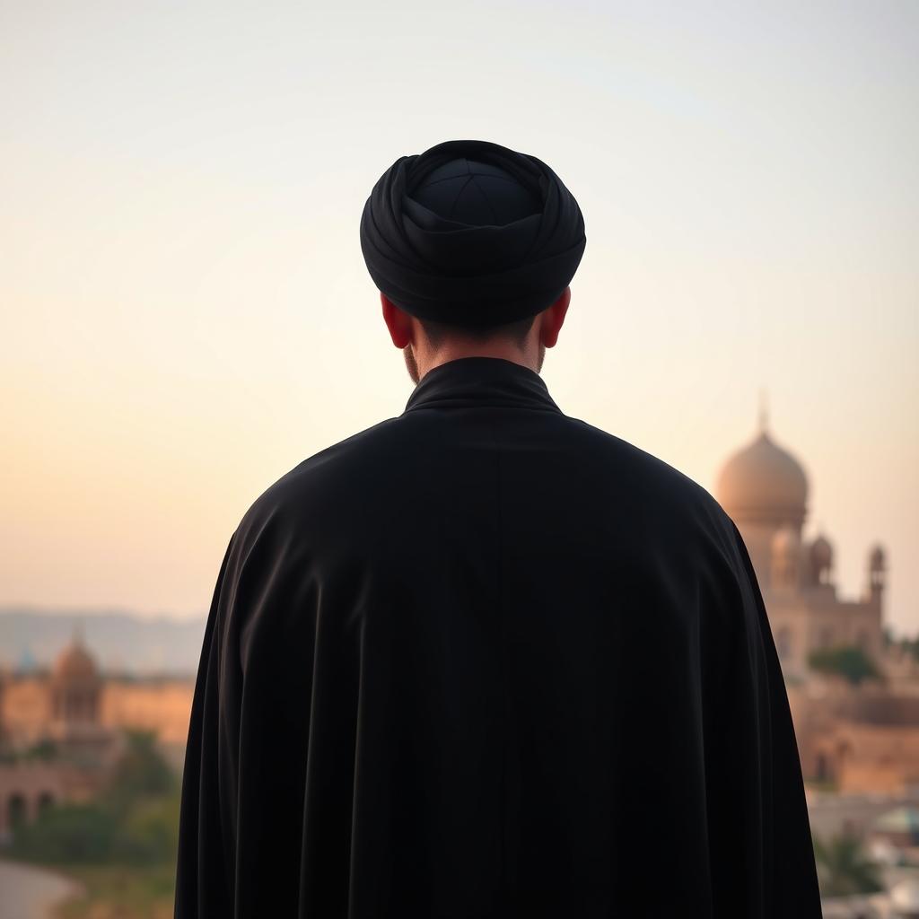 A back view of a prominent male figure, dressed in a traditional black cloak (abaya) and a black turban, symbolizing authority and respect