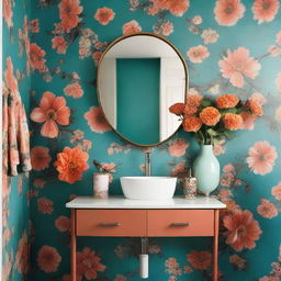 A bathroom vanity mounted on a wall, set against a backdrop of turquoise and dark salmon floral print wallpaper. A vase with assorted flowers sits on the vanity.