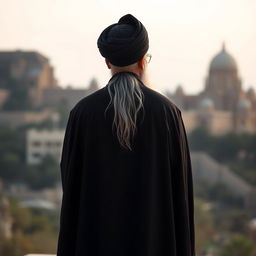 A back view of a distinguished male figure, dressed in a flowing black cloak (abaya) and a black turban