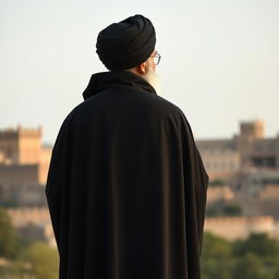A back view of a distinguished male figure, dressed in a flowing black cloak (abaya) and a black turban