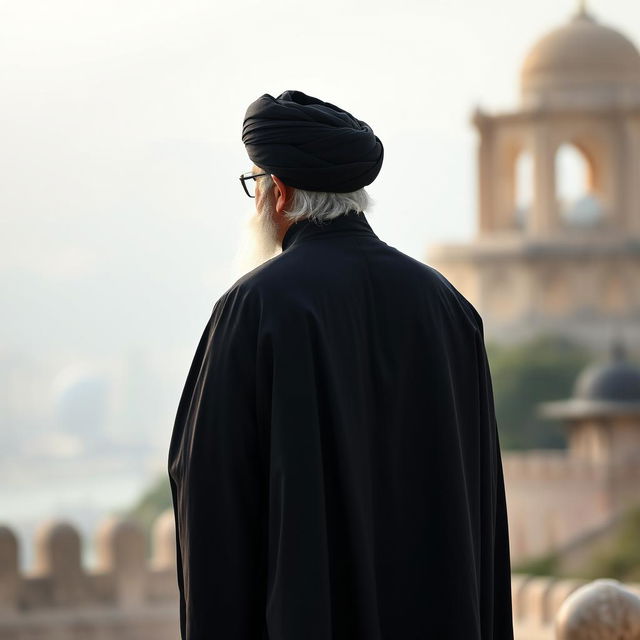 A back view of a distinguished male figure, dressed in a flowing black cloak (abaya) and a black turban