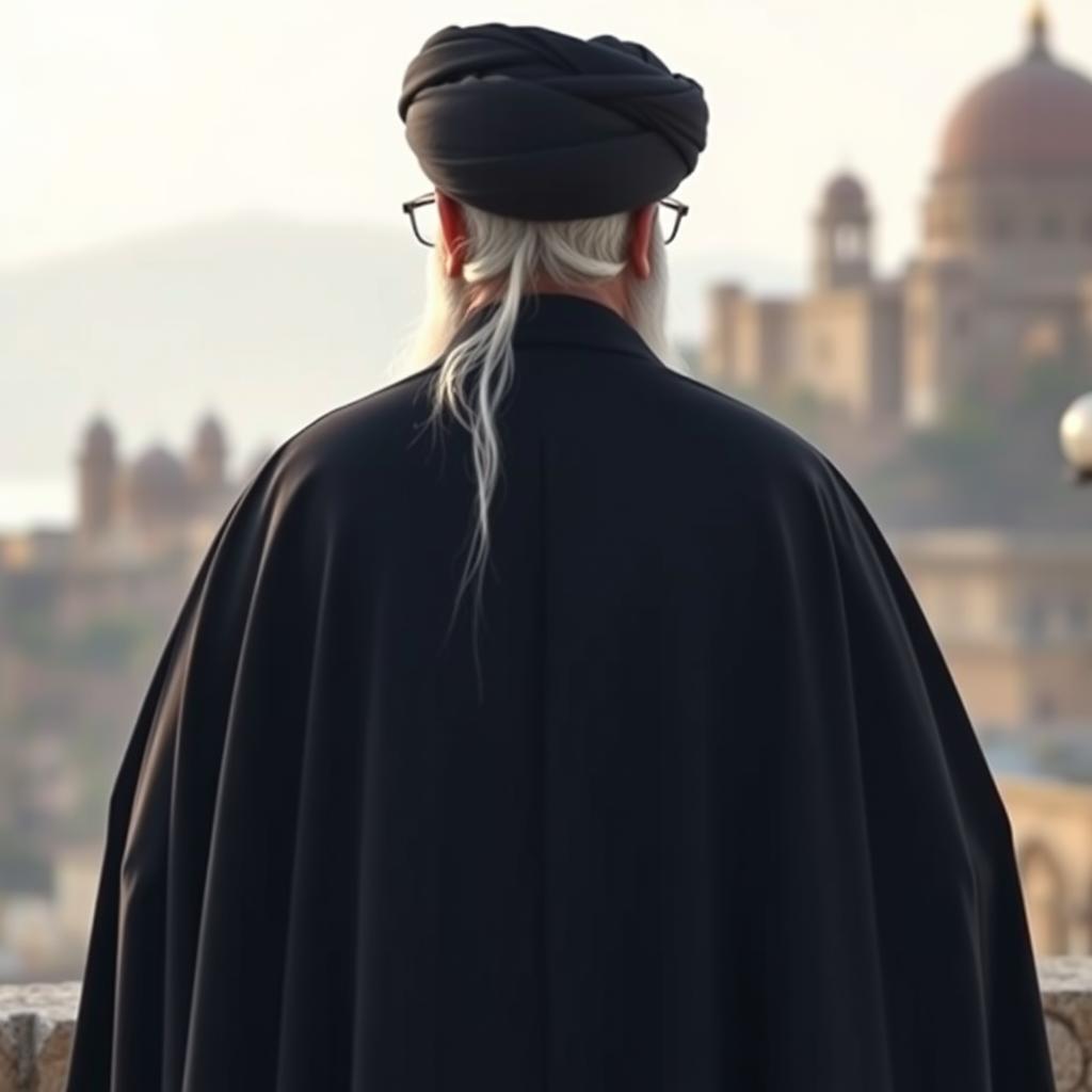 A back view of a distinguished male figure, dressed in a flowing black cloak (abaya) and a black turban