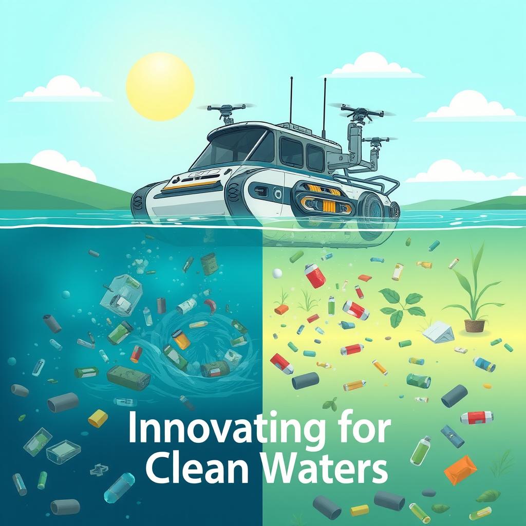 A vibrant poster illustration of a futuristic floating robot or machine designed to clean polluted water and collect garbage