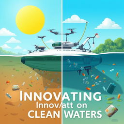 A vibrant poster illustration of a futuristic floating robot or machine designed to clean polluted water and collect garbage