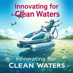 A vibrant poster illustration of a futuristic floating robot or machine designed to clean polluted water and collect garbage