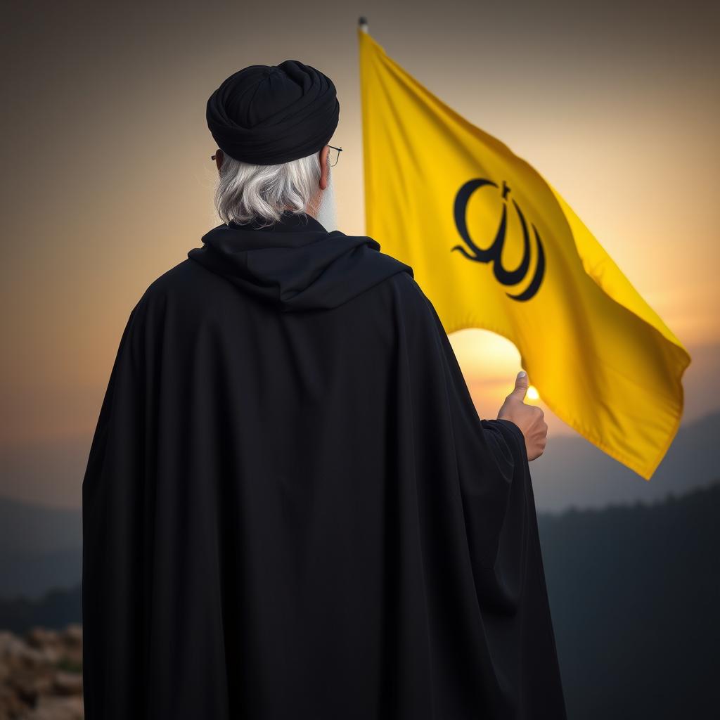 A back view of a prominent male figure dressed in a flowing black cloak (abaya) and a black turban