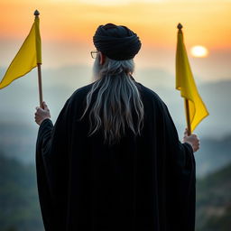 A back view of a prominent male figure dressed in a flowing black cloak (abaya) and a black turban