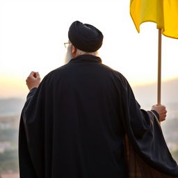 A back view of a prominent male figure dressed in a flowing black cloak (abaya) and a black turban