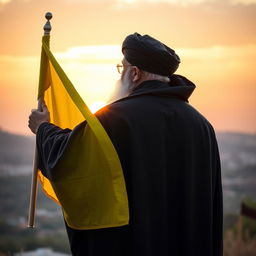 A back view of a prominent male figure dressed in a flowing black cloak (abaya) and a black turban