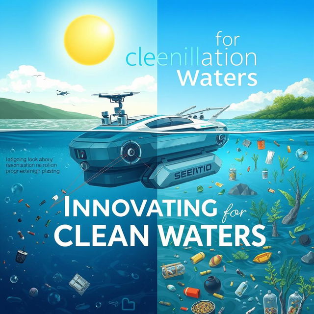 A vibrant poster illustration of a futuristic floating robot or machine designed to clean polluted water and collect garbage