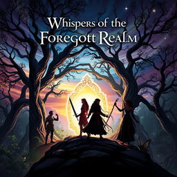 A captivating book cover for a fantasy novel featuring a mysterious forest with towering ancient trees, their branches intertwining to form a natural archway
