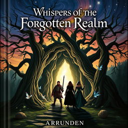 A captivating book cover for a fantasy novel featuring a mysterious forest with towering ancient trees, their branches intertwining to form a natural archway