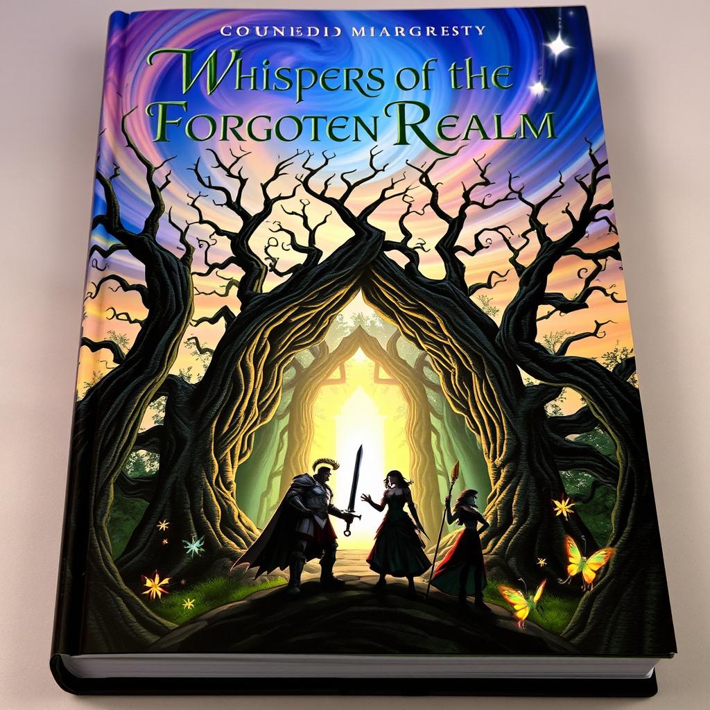 A captivating book cover for a fantasy novel featuring a mysterious forest with towering ancient trees, their branches intertwining to form a natural archway