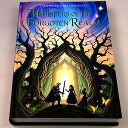 A captivating book cover for a fantasy novel featuring a mysterious forest with towering ancient trees, their branches intertwining to form a natural archway