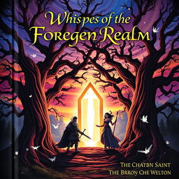 A captivating book cover for a fantasy novel featuring a mysterious forest with towering ancient trees, their branches intertwining to form a natural archway