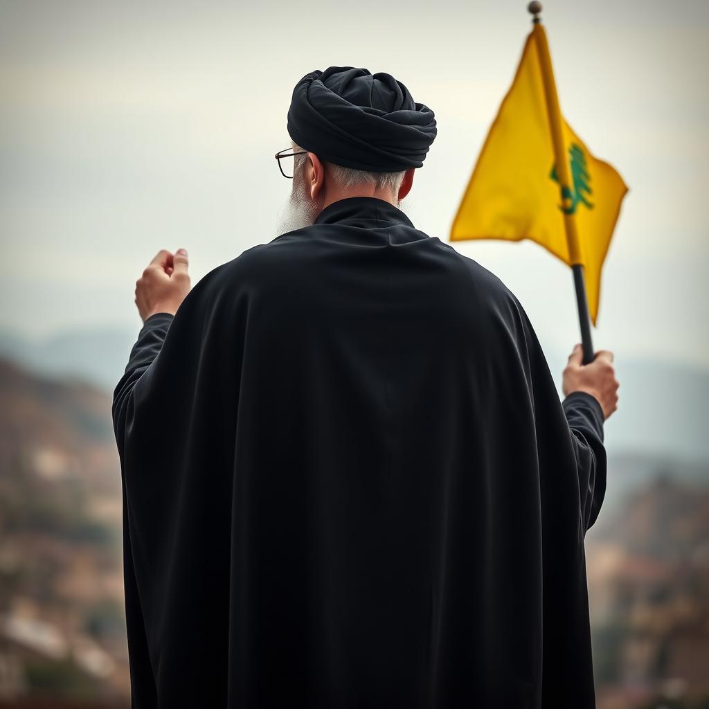 A back view of a distinguished male figure wearing a flowing black cloak (abaya) and a black turban