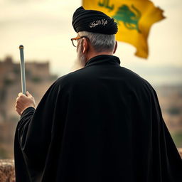 A back view of a distinguished male figure wearing a flowing black cloak (abaya) and a black turban