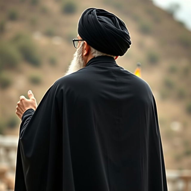 A back view of a distinguished male figure wearing a flowing black cloak (abaya) and a black turban