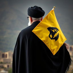 A back view of a distinguished male figure wearing a flowing black cloak (abaya) and a black turban