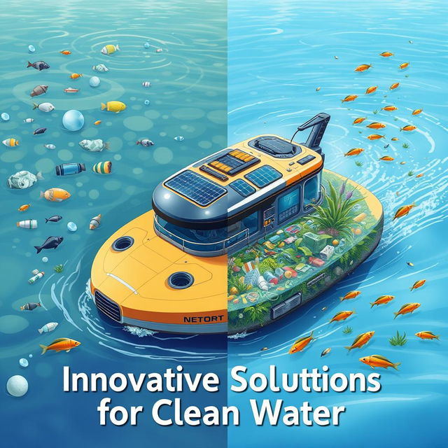 A vibrant poster illustrating a futuristic floating robot designed specifically to address the issues of garbage in water and dirty water pollution