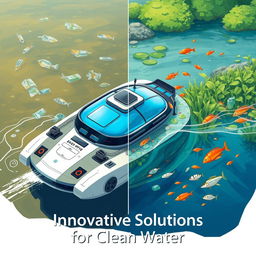 A vibrant poster illustrating a futuristic floating robot designed specifically to address the issues of garbage in water and dirty water pollution