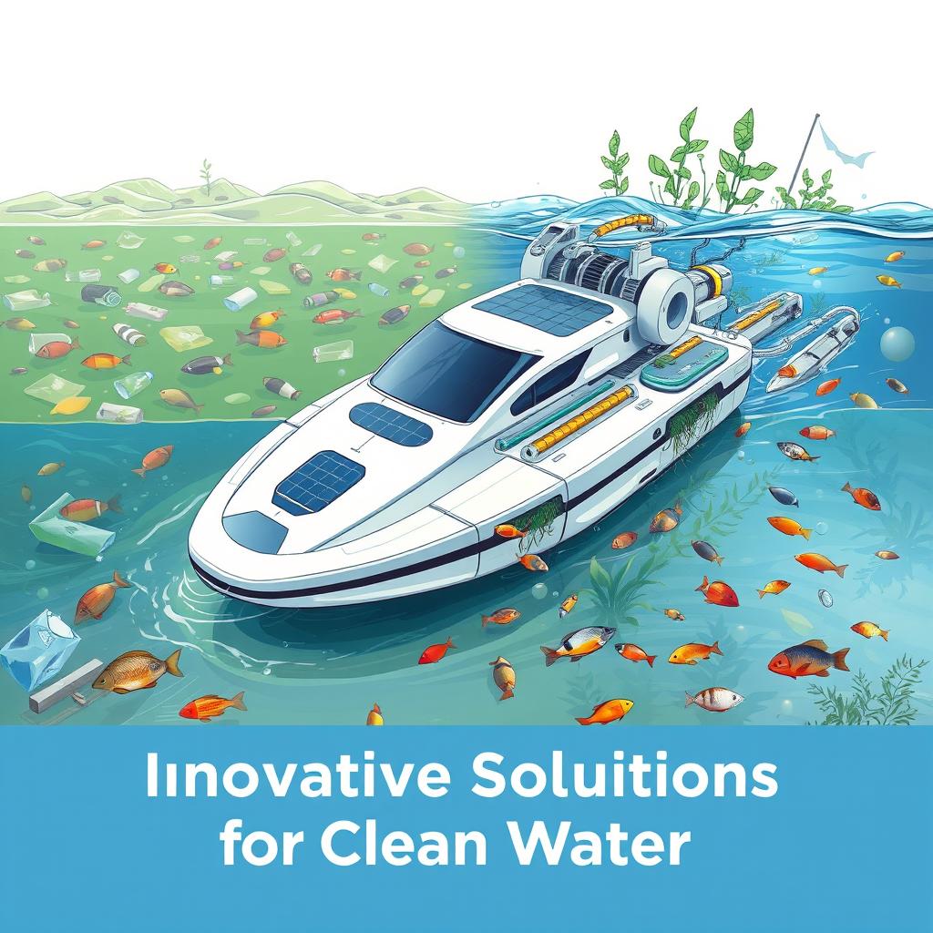 A vibrant poster illustrating a futuristic floating robot designed specifically to address the issues of garbage in water and dirty water pollution
