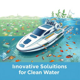 A vibrant poster illustrating a futuristic floating robot designed specifically to address the issues of garbage in water and dirty water pollution