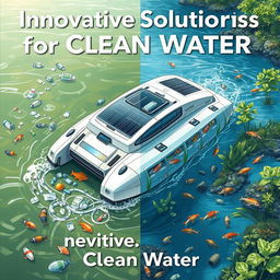 A vibrant poster illustrating a futuristic floating robot designed specifically to address the issues of garbage in water and dirty water pollution