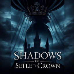 A mesmerizing book cover for a fantasy novel featuring a dark, ornate crown resting atop a flowing veil that cascades down, partially obscuring the silhouette of a grand, shadowy castle